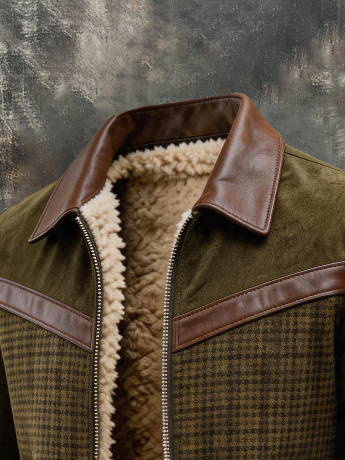 Men's Vintage Faux Leather-Panelled Fleece-Lined Warm Jacket