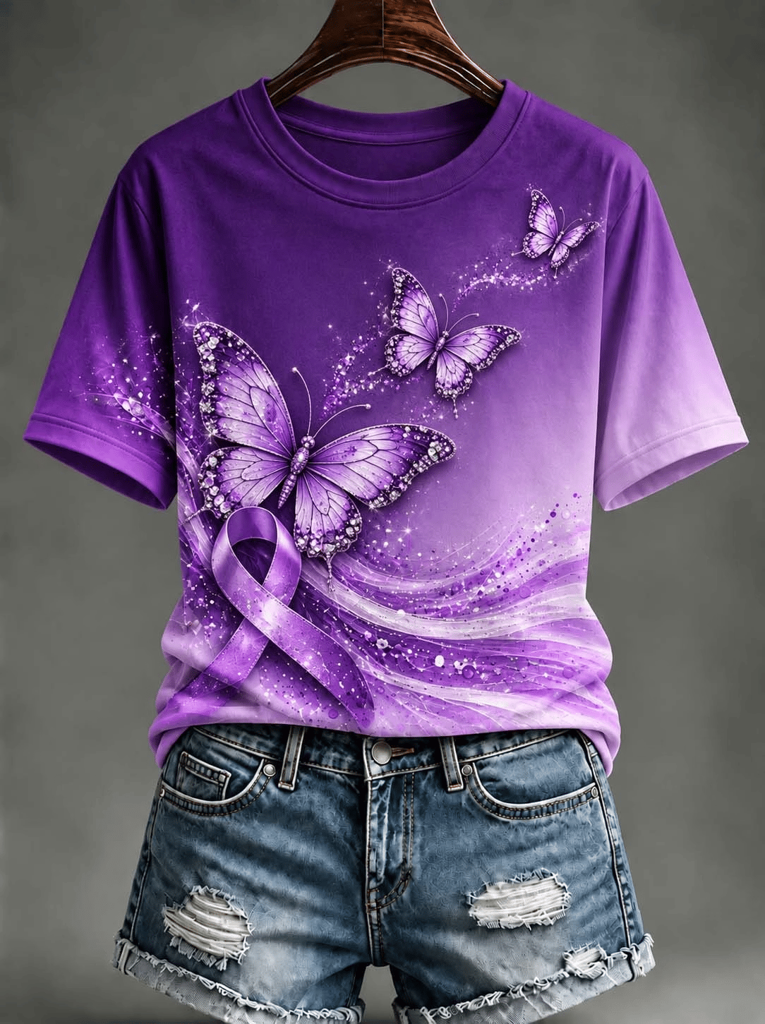 Women's "Purple Butterfly & Awareness Ribbon" Ombre T-Shirt
