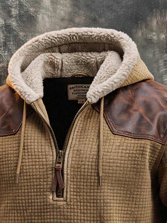 Men's Retro Textured Checkered Plush Hoodie
