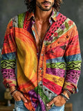 Men's Rainbow Geometric Floral Patchwork Print Print Long Sleeve Pocket Shirt