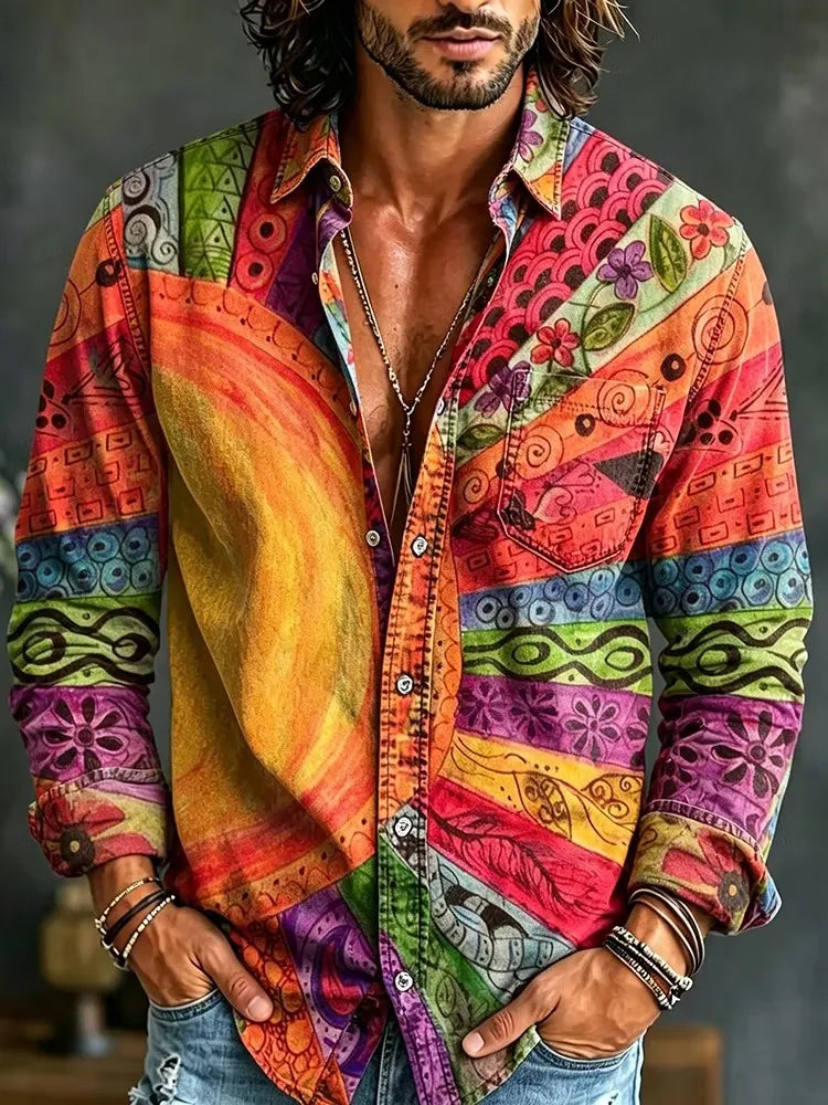 Men's Rainbow Geometric Floral Patchwork Print Print Long Sleeve Pocket Shirt