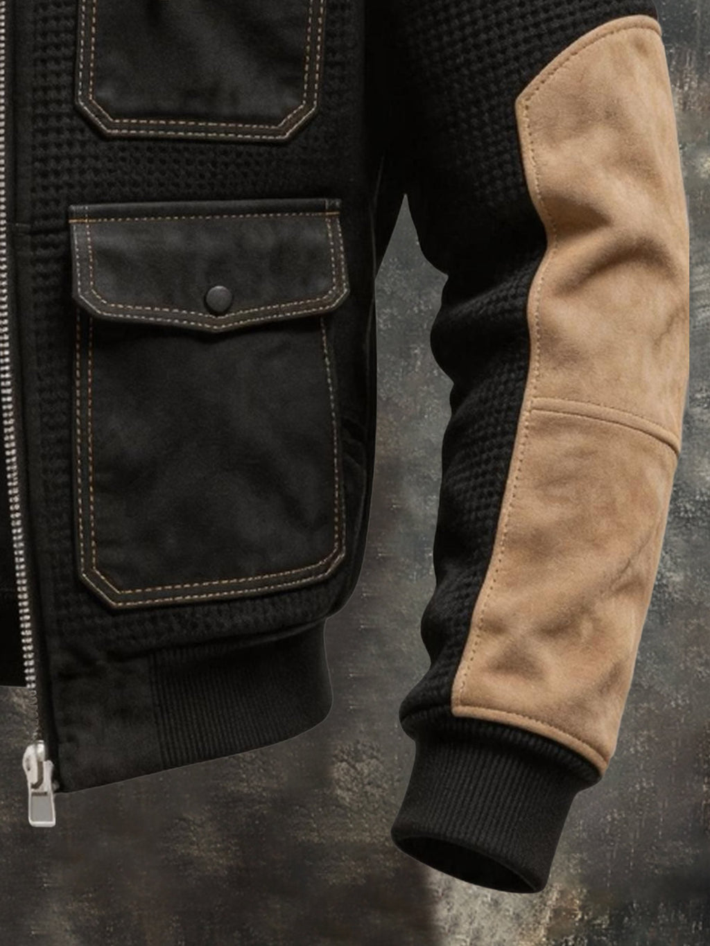 Men's Vintage-Style Suede-Panel Multi-Pocket Hooded Jacket