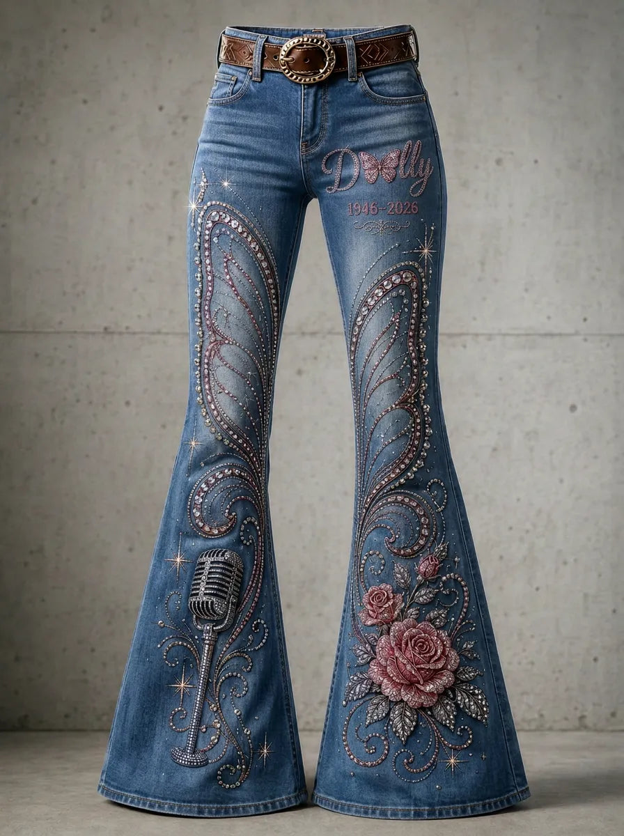 Women's Dolly Parton Butterfly Rose Microphone Printed Flare Jeans
