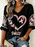 Women's commemorative pattern Waffle V-neck top
