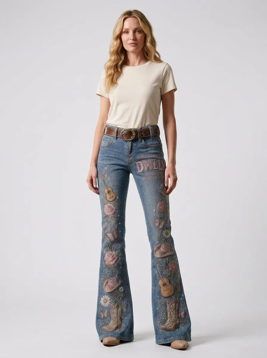 Women's Dolly Parton Guitar Butterfly Rose Printed Flare Jeans