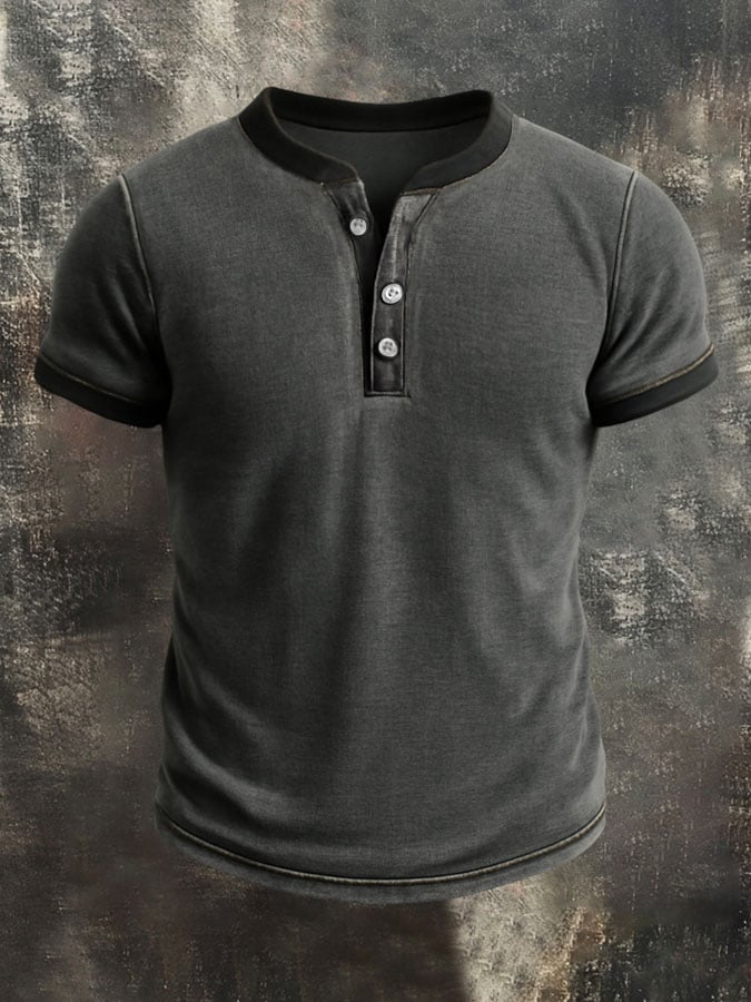 Men's Vintage Distressed Colorblock Casual Henley Short Sleeve T-Shirt