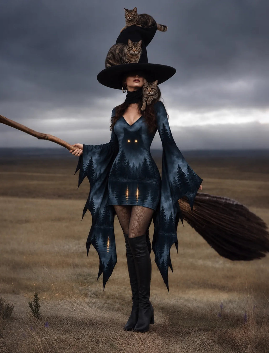 Women's Gothic Halloween Cat Print Batwing Flare Sleeve V Neck Bodycon Dress – Halloween Costume