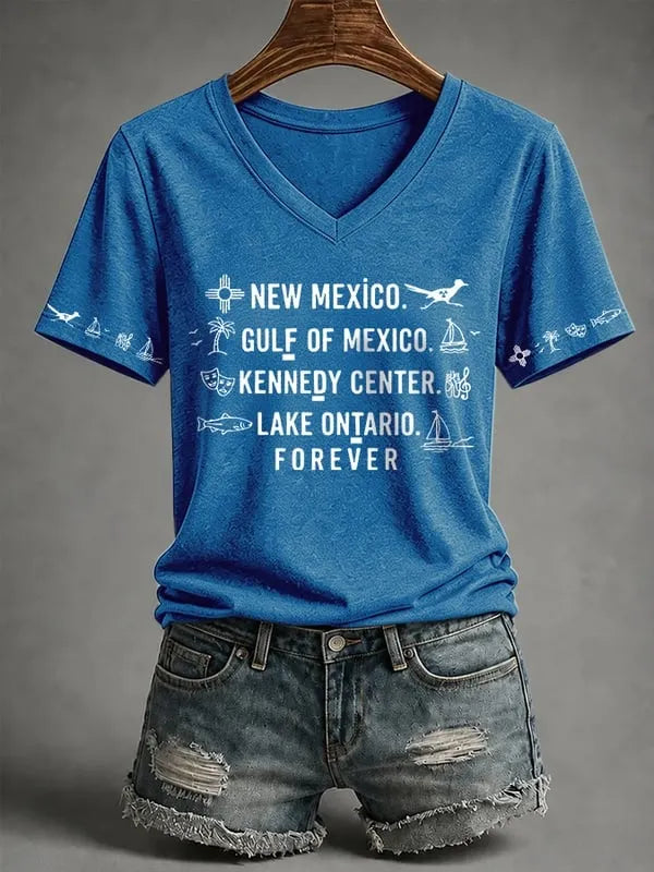 V-neck Retro New Mexico, Gulf Of Mexico, Kennedy Center, Lake Ontario, Forever Fdt Print T-shirt