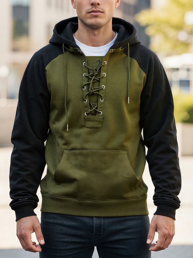 Men's Retro Color-Block Lace-Up Hoodie