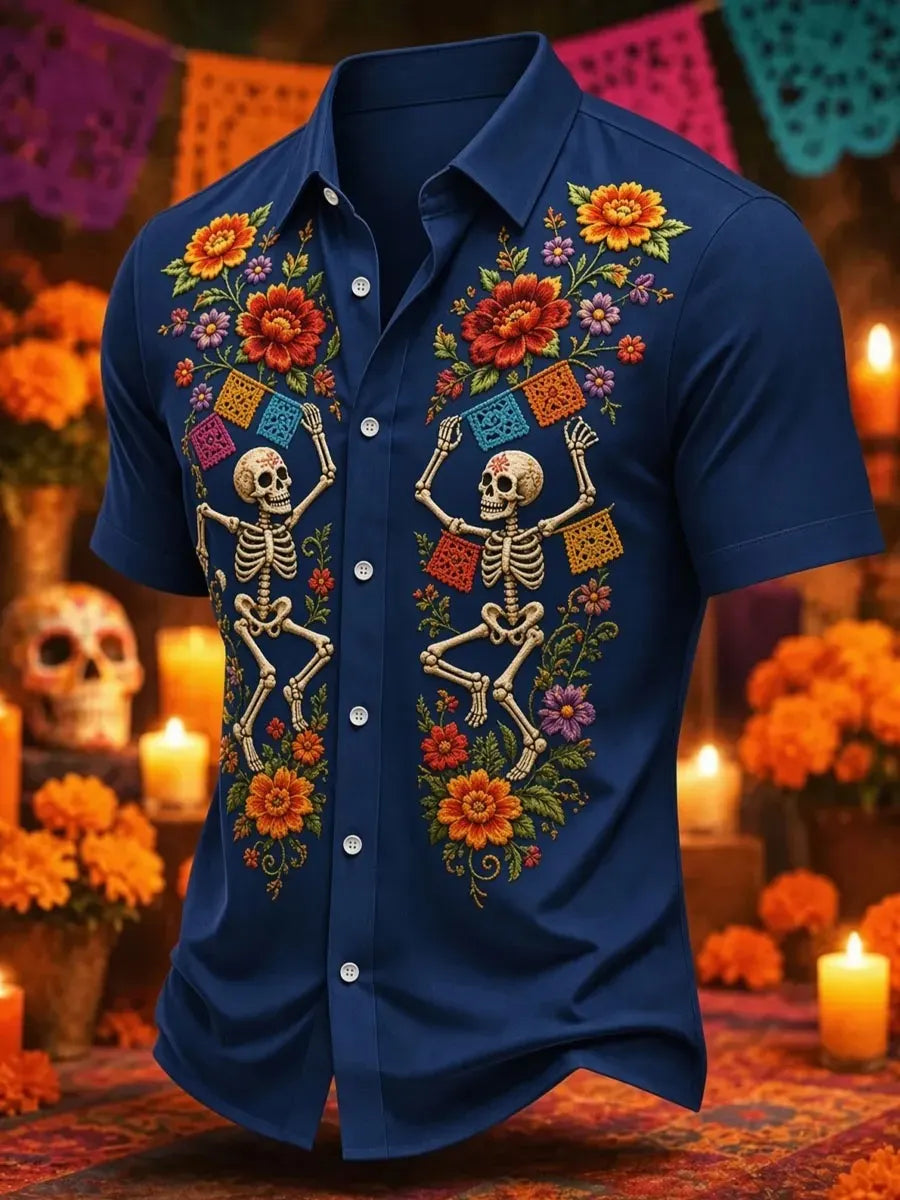 Men's Day Of The Dead Joyful Skeleton Colorful Banner Bright Bloom Print Short Sleeve Buttons Shirt