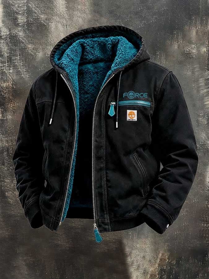 Men's Retro Color-Block Fleece-Lined Warm Hooded Utility Jacket