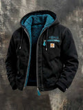 Men's Retro Color-Block Fleece-Lined Warm Hooded Utility Jacket