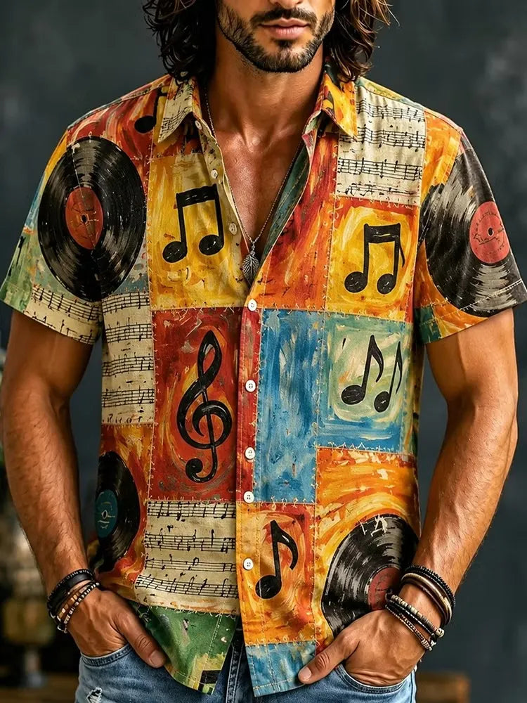 Men's Vinyl Record Music Notes Print Short Sleeve Buttons Shirt