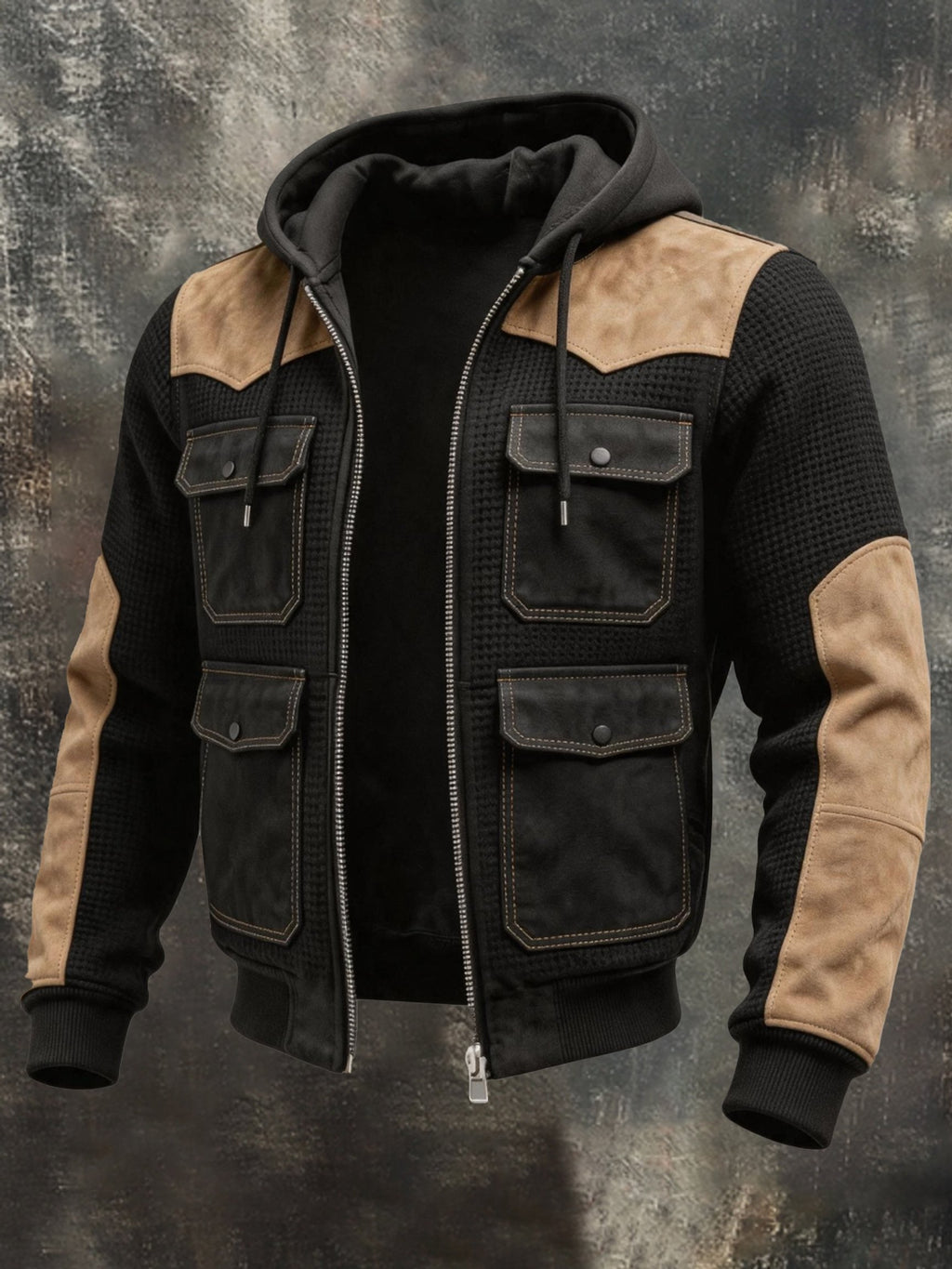 Men's Vintage-Style Suede-Panel Multi-Pocket Hooded Jacket
