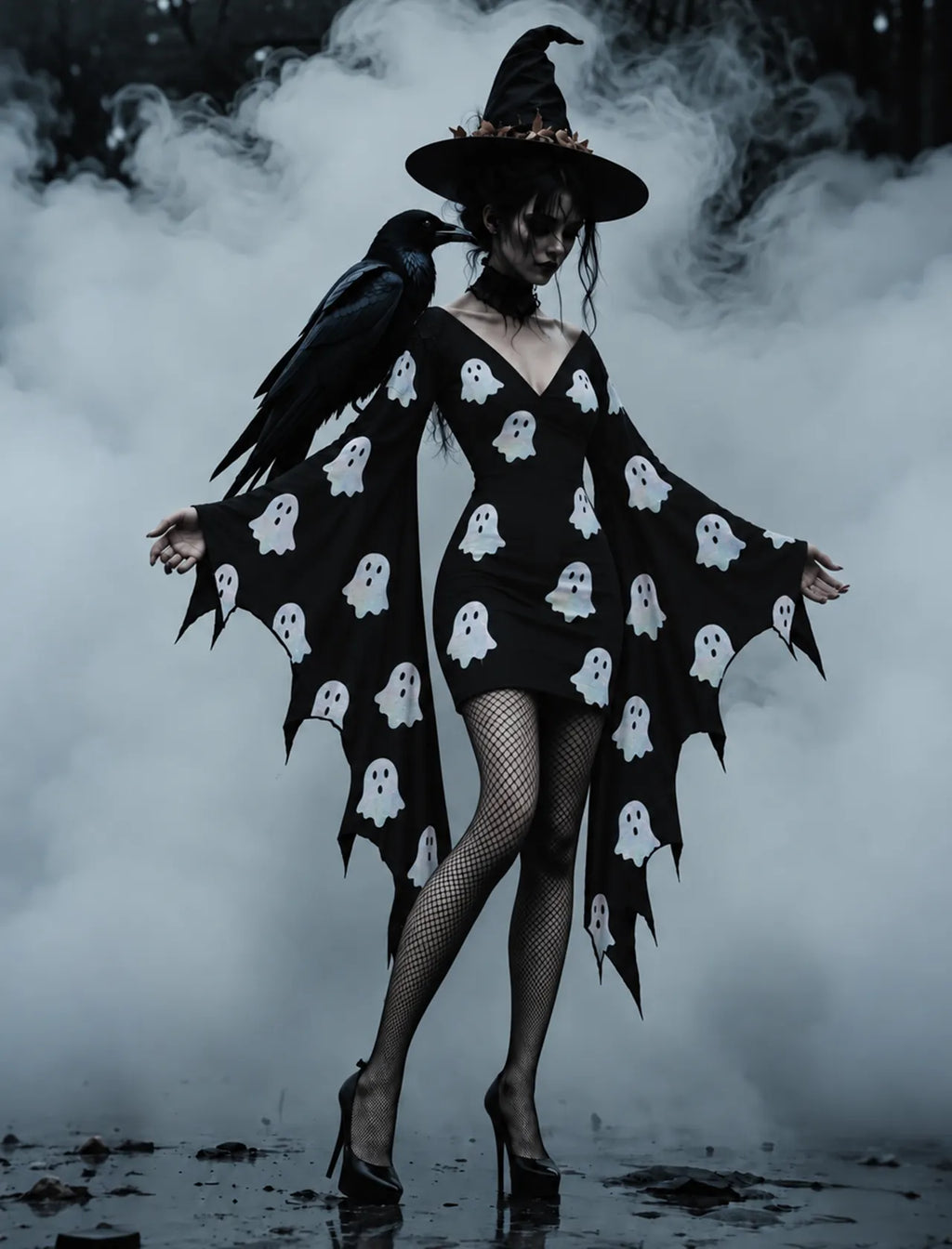 Women's Gothic Ghost Print Batwing Flare Sleeve V Neck Bodycon Dress – Halloween Costume