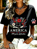 Women's Casual American Cat Floral V-Neck T-Shirt