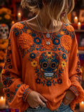 Women's Day Of The Dead Skull Marigold Floral Print Lantern Sleeve Top