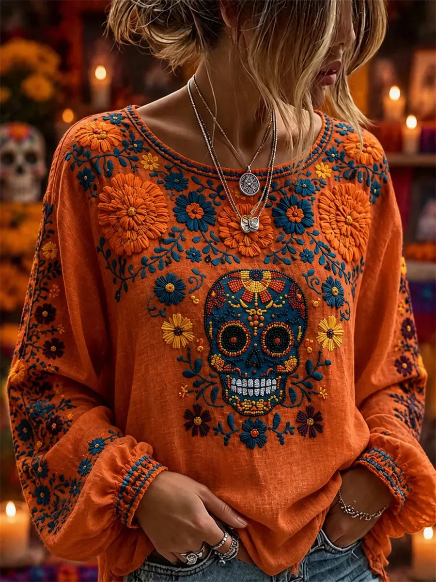 Women's Day of the Dead Beaded Skull Floral Print Lantern Sleeve Top