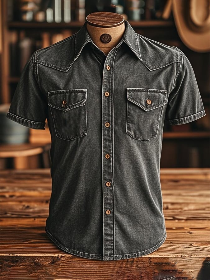 Men's vintage twill shirt with two pockets and short sleeves in a used look