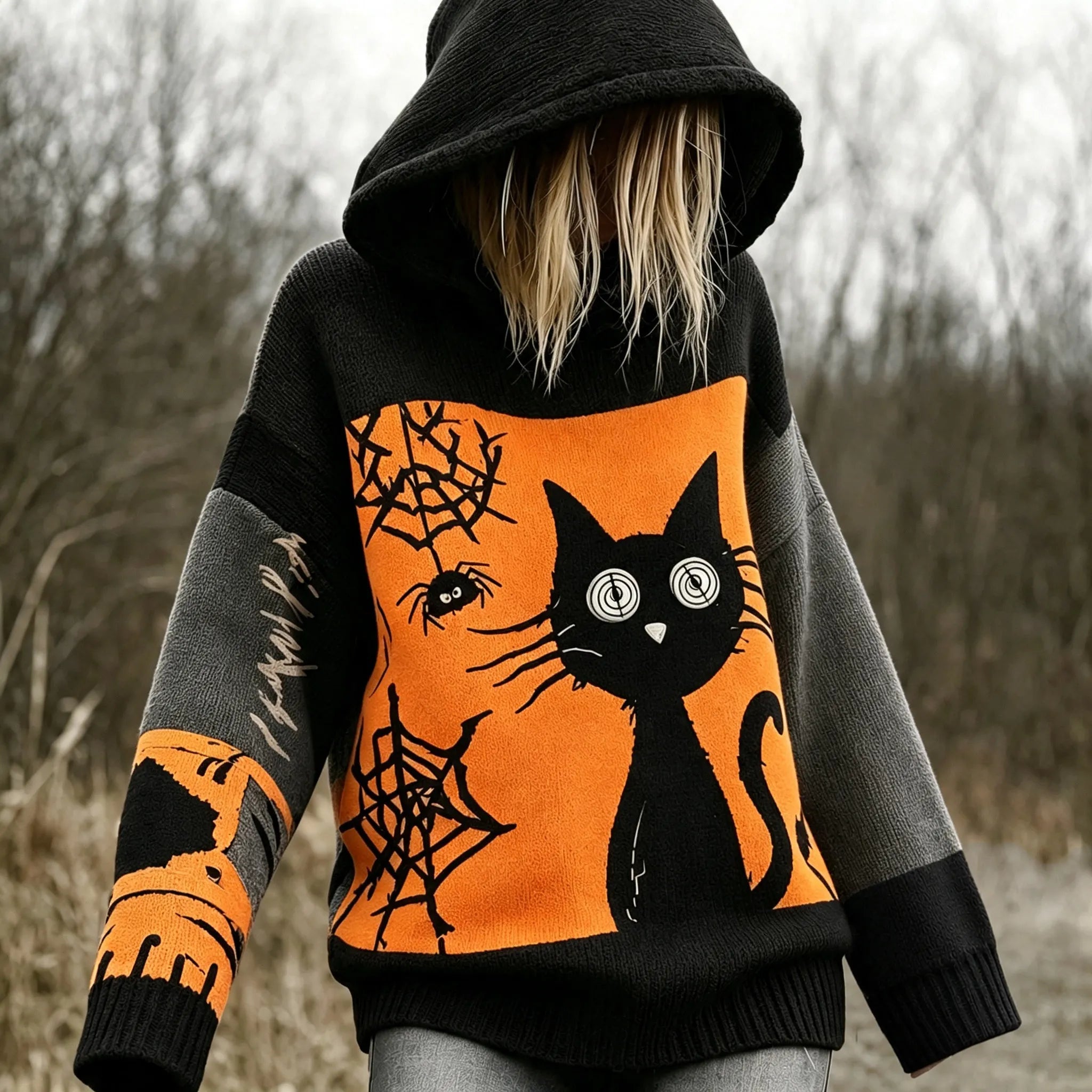 Halloween Scared Black Cat Patchwork Stitched Cozy Knit Hooded