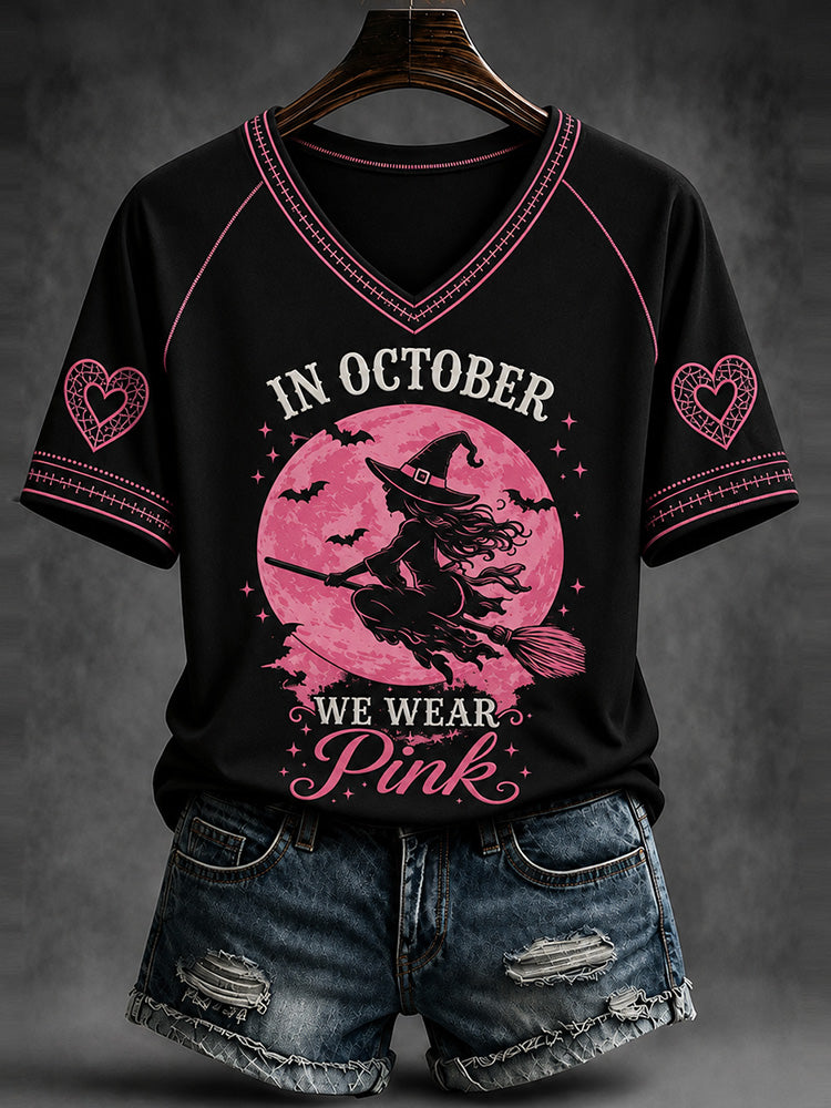 Women's Halloween Witch Broom Print Art V-neck Casual Top
