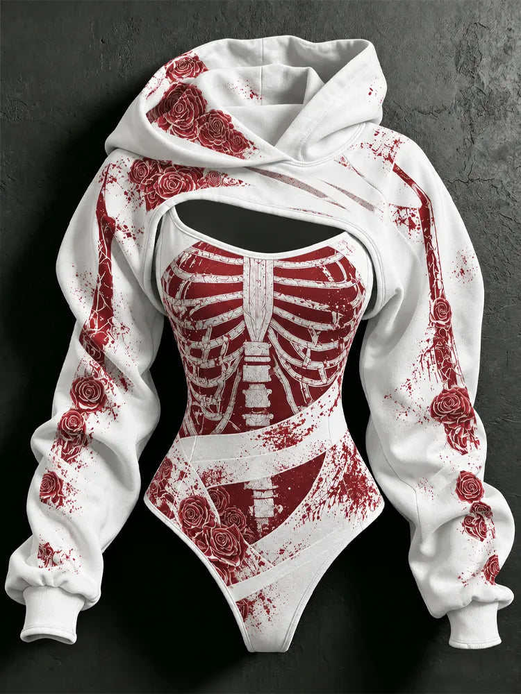 Women's Halloween Bloodstain Skull Rose Bandage Print Hoodie Two-piece Set