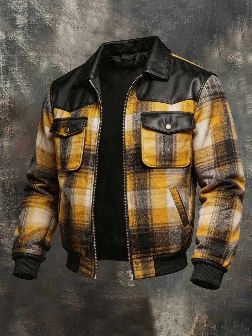 Men's Retro Plaid Jacket with Leather Paneling and Multiple Pockets