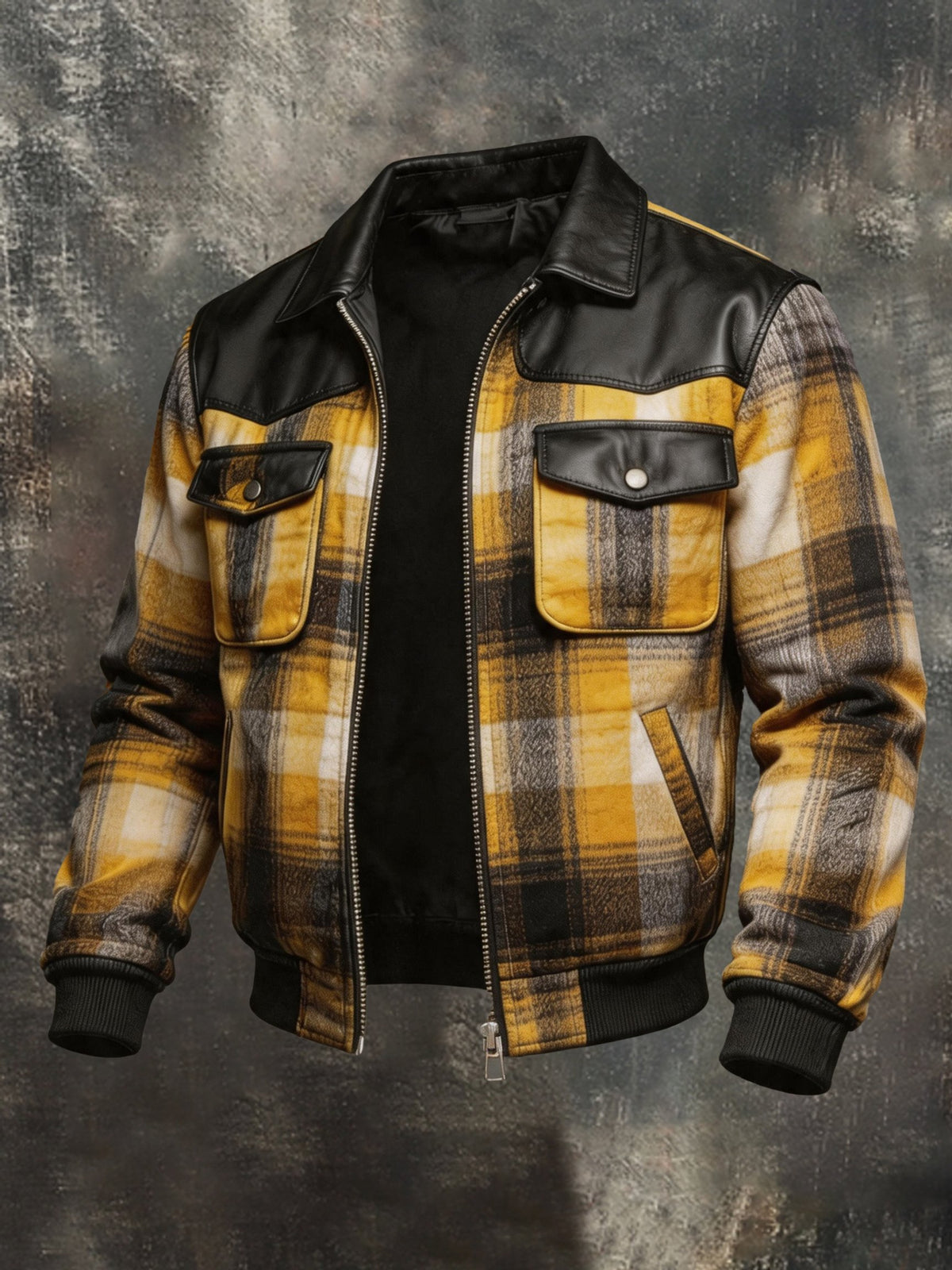 Men's Retro Plaid Jacket with Leather Paneling and Multiple Pockets