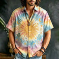 Men's Smiling Face Sun Moon Musical Note Peace Sign Print Short Sleeve Buttons Shirt