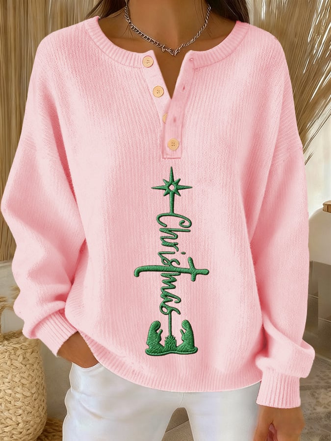 Women's Christmas Print Knit Button-Up Top