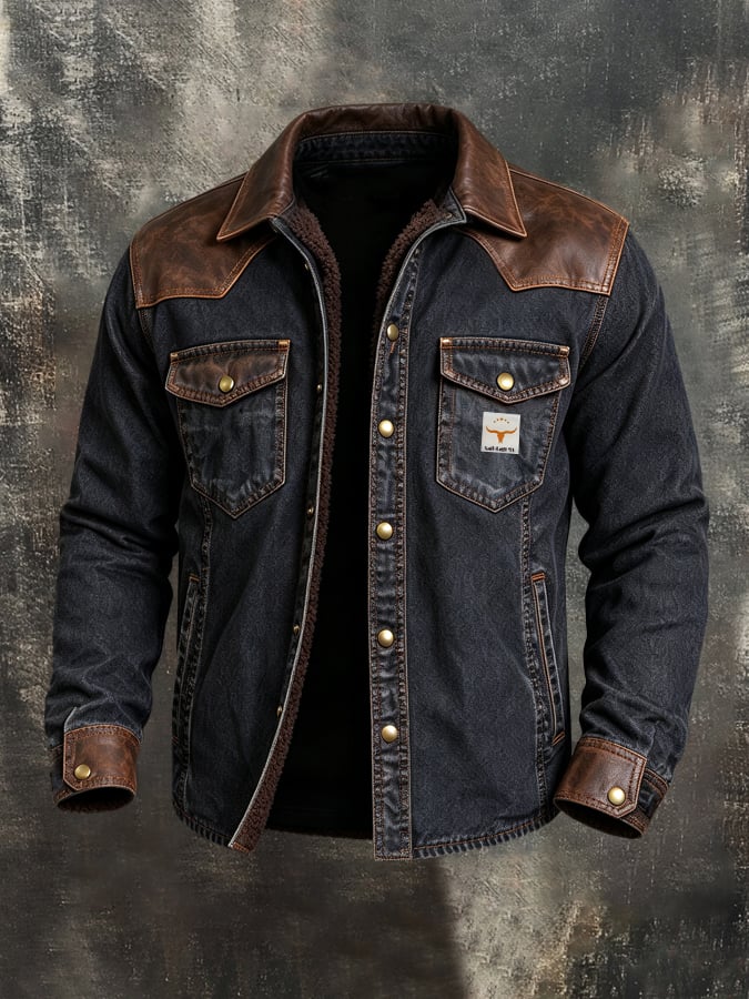 Men'S Vintage Western-Style Denim & Leather-Panel Shirt Jacket – Fleece-Lined, Warm, And Hooded (Detachable Hood)
