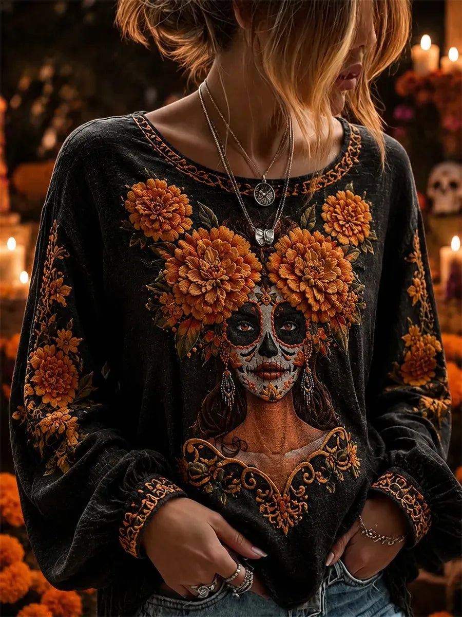 Women's Day Of The Dead Lady Portrait Ornate Marigold Bloom Print Lantern Sleeve Top