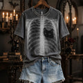 Women's Halloween Peeking Black Cat X-ray Rib Cage Print Short-sleeved T-shirt