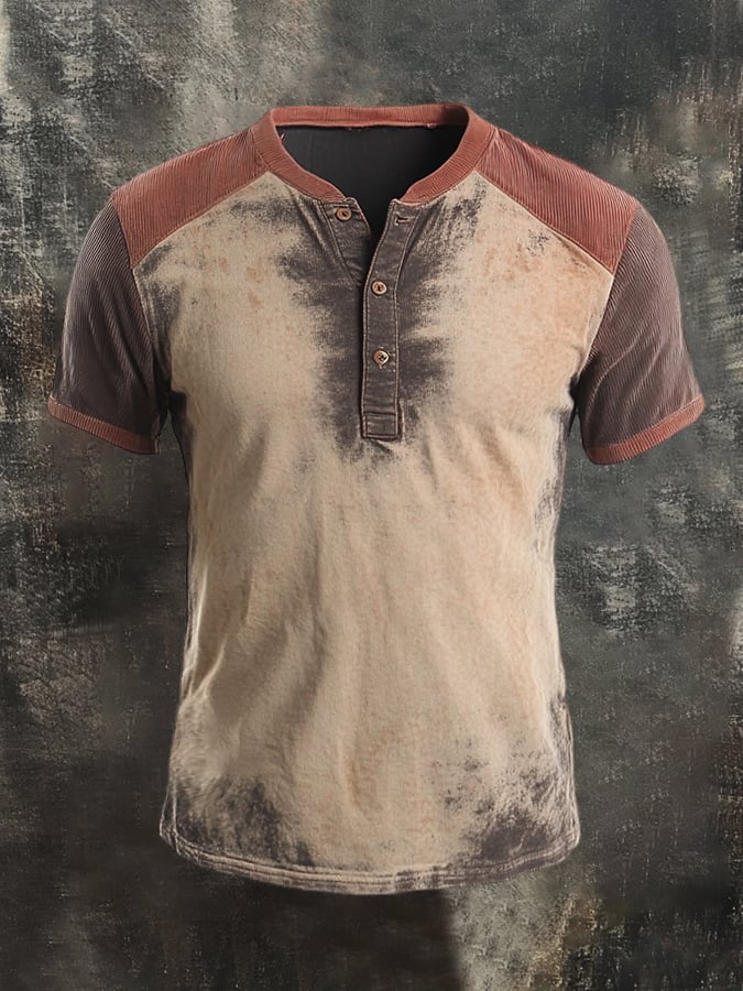 Men's Vintage Distressed Colorblock Casual Henley Short Sleeve T-Shirt