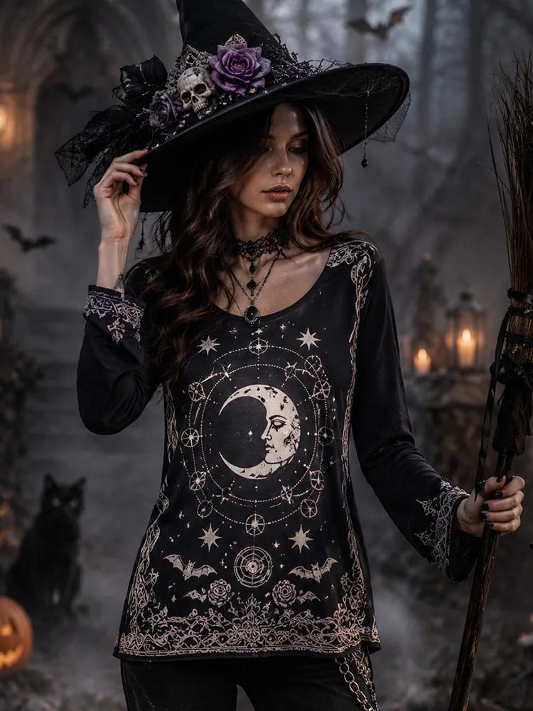 Women's Halloween Moon Witch Bat Casual T-shirt