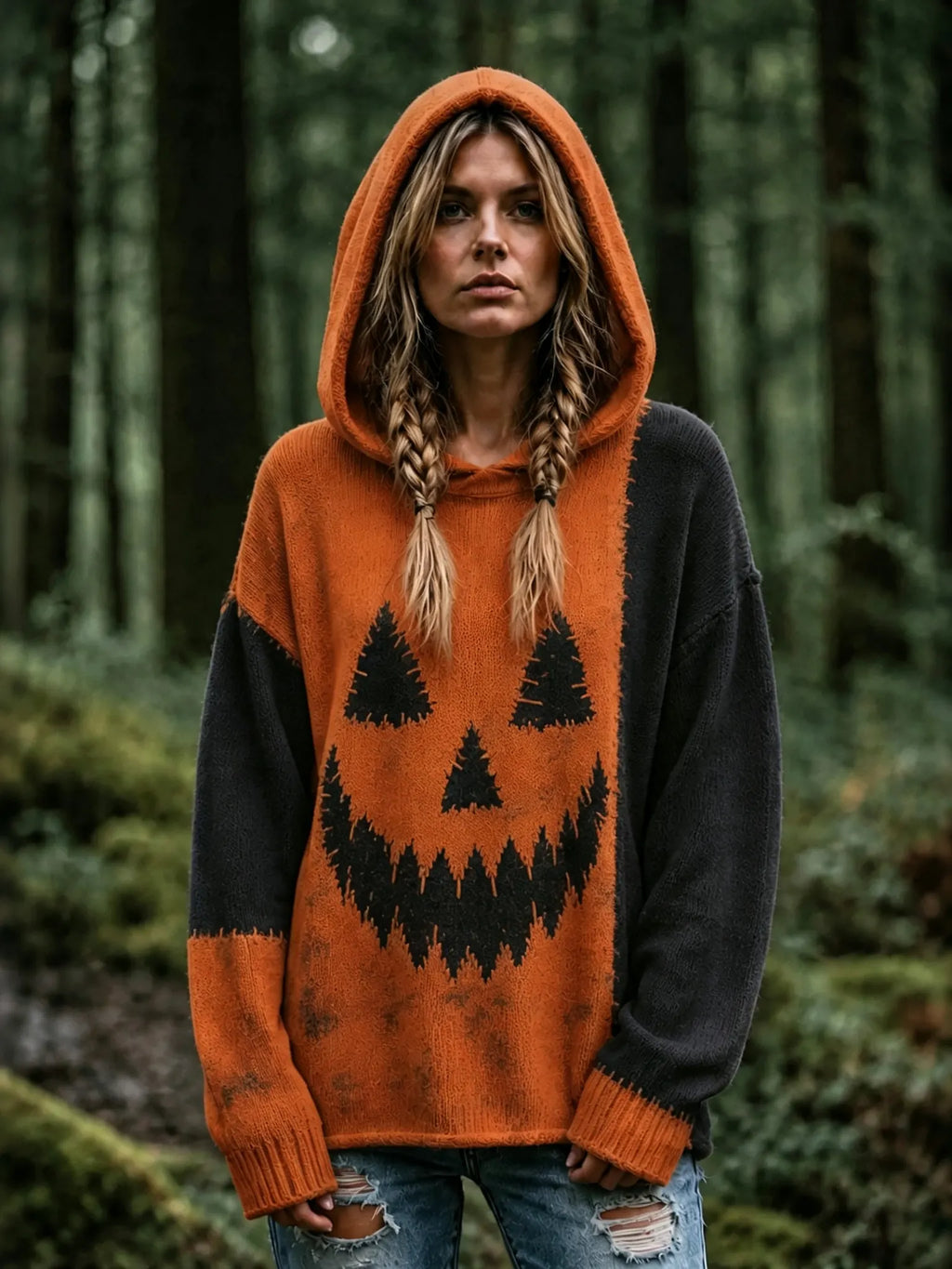 Women's Vintage Halloween Spooky Face Contrast Stitched Print Cozy Art Knit Hooded Sweater