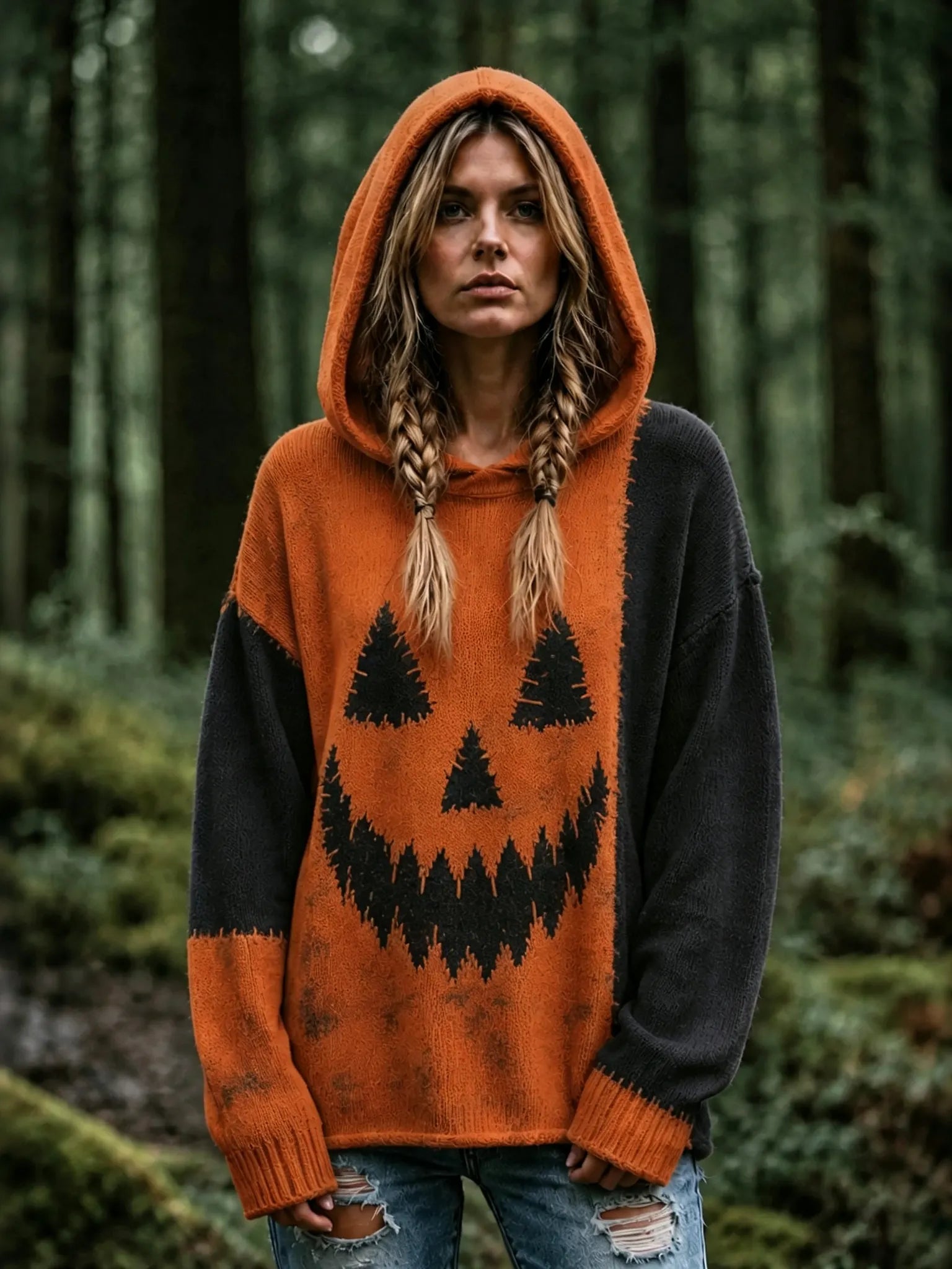 Women's Vintage Halloween Spooky Face Contrast Stitched Print Cozy Art Knit Hooded Sweater