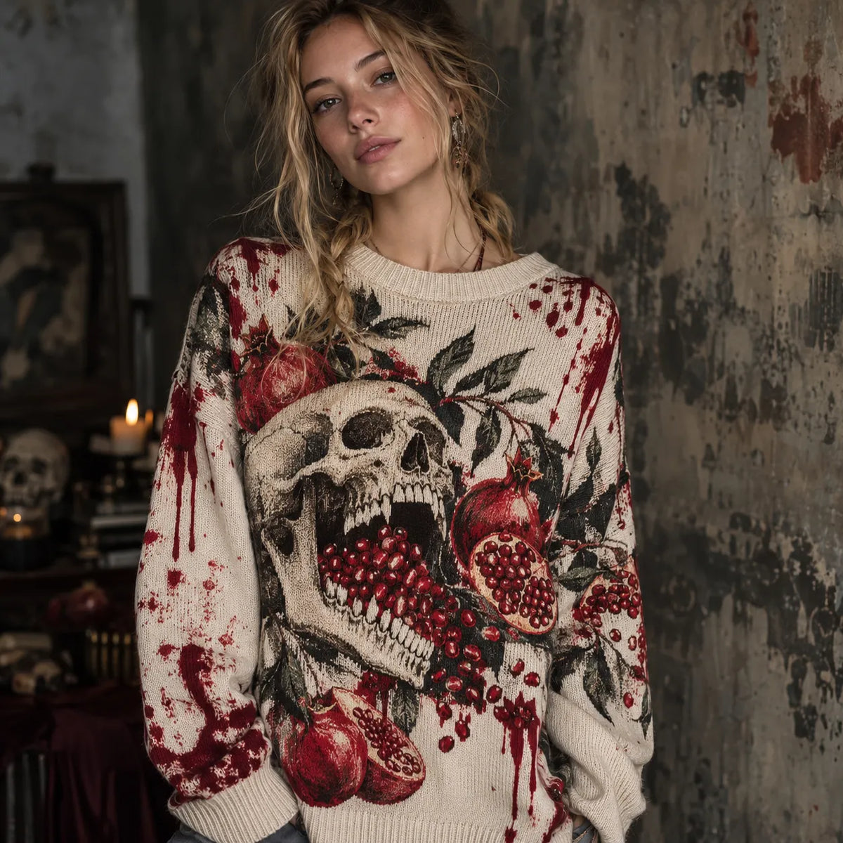 Women's Gothic Skull & Pomegranate Graphic Casual Sweater