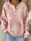 Women's Casual Retro Pink Floral Button Sweatshirt