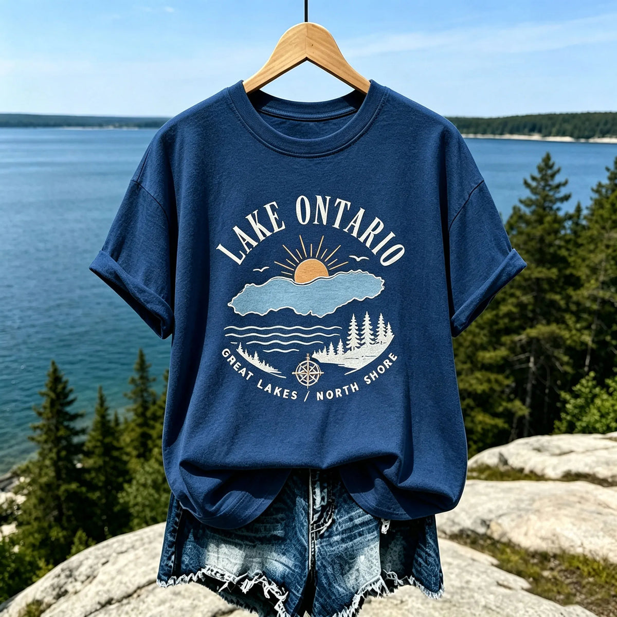 Women's Casual Crewneck T-shirt In Cream With Lake Ontario Map, Sun, And Forest Print