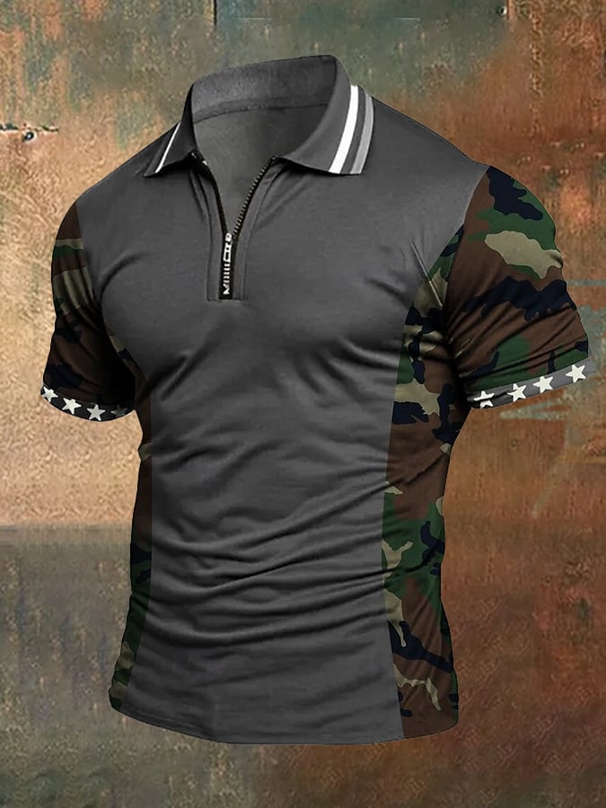 Men's casual penguin zip-up color-block polo shirt