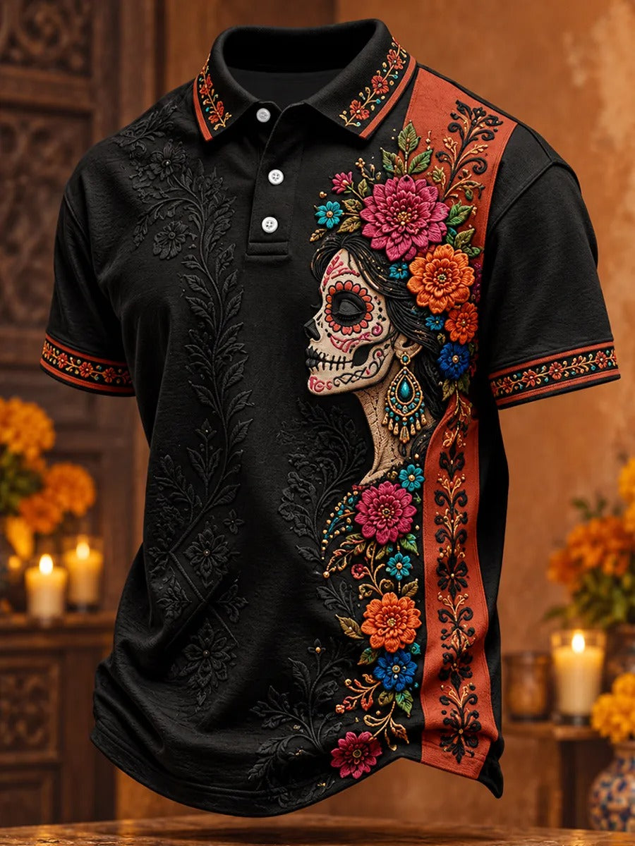 Men's Day Of The Dead Ornate Skull Figure And Colorful Floral Vines Print Short Sleeve Polo Shirt