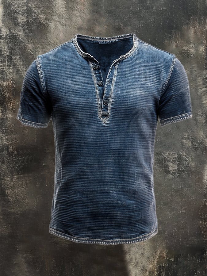 Men's Retro Waffle Casual Henley Neck Short Sleeve T-Shirt