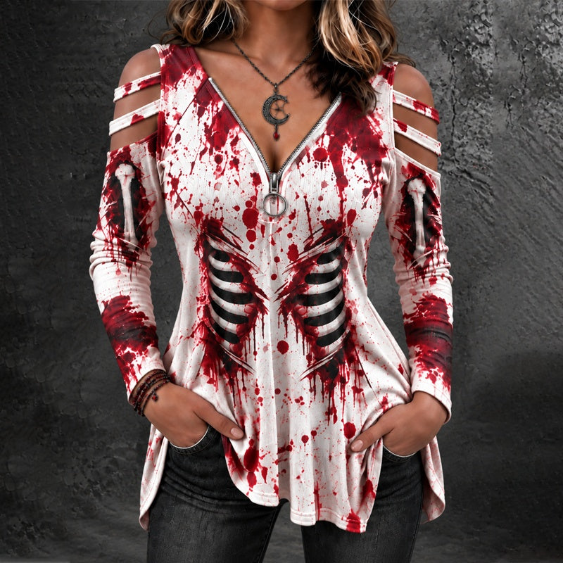 Halloween Gothic Women's Blood-stained Skeleton Print T-shirt