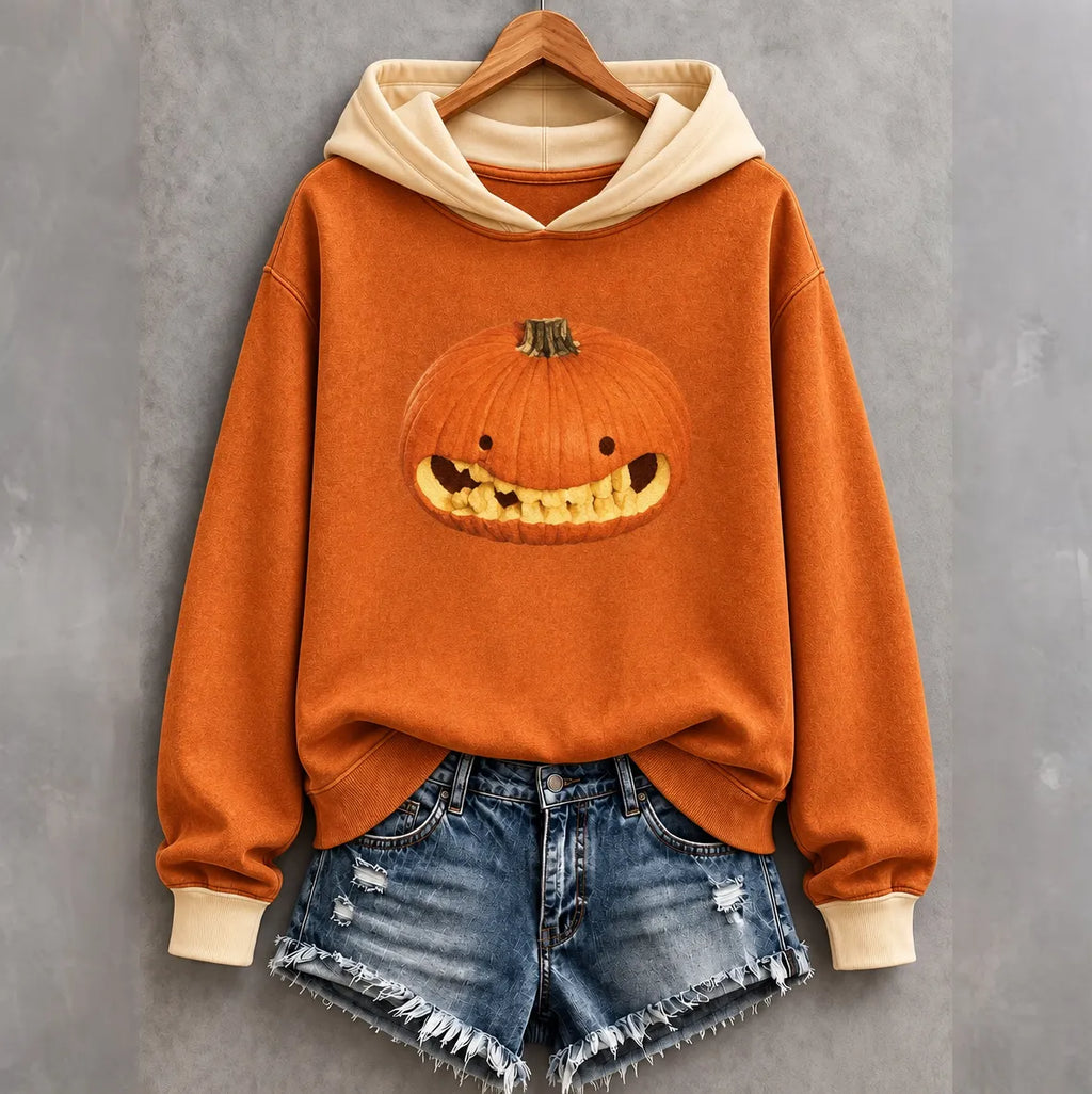 Women's Halloween Fun Baring Teeth Pumpkin Face Print Hoodie