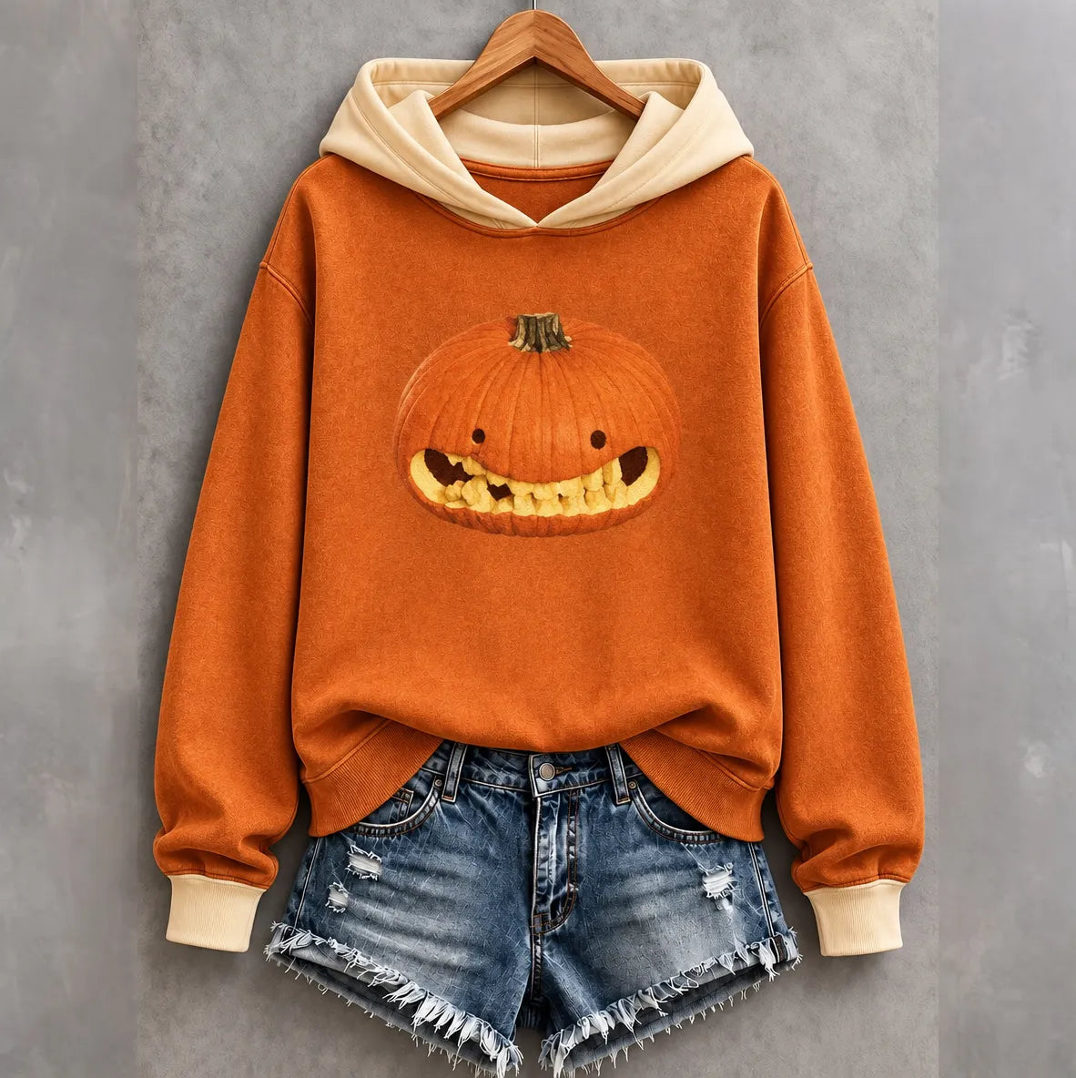Women's Halloween Fun Baring Teeth Pumpkin Face Print Hoodie