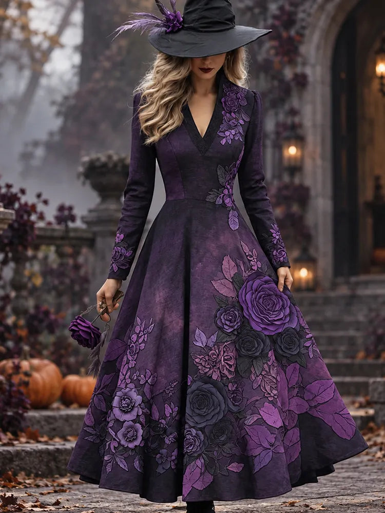 Women's Vintage Halloween Purple Rose Art Comfy Maxi Dress
