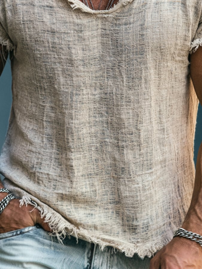 Men'S Vintage Lightweight Cotton-Linen Blend Short-Sleeve T-Shirt With Raw-Edge Crew Neck