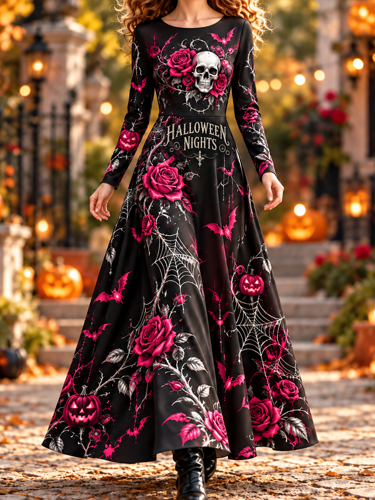 Women's Halloween Skull And Rose Maxi Dress