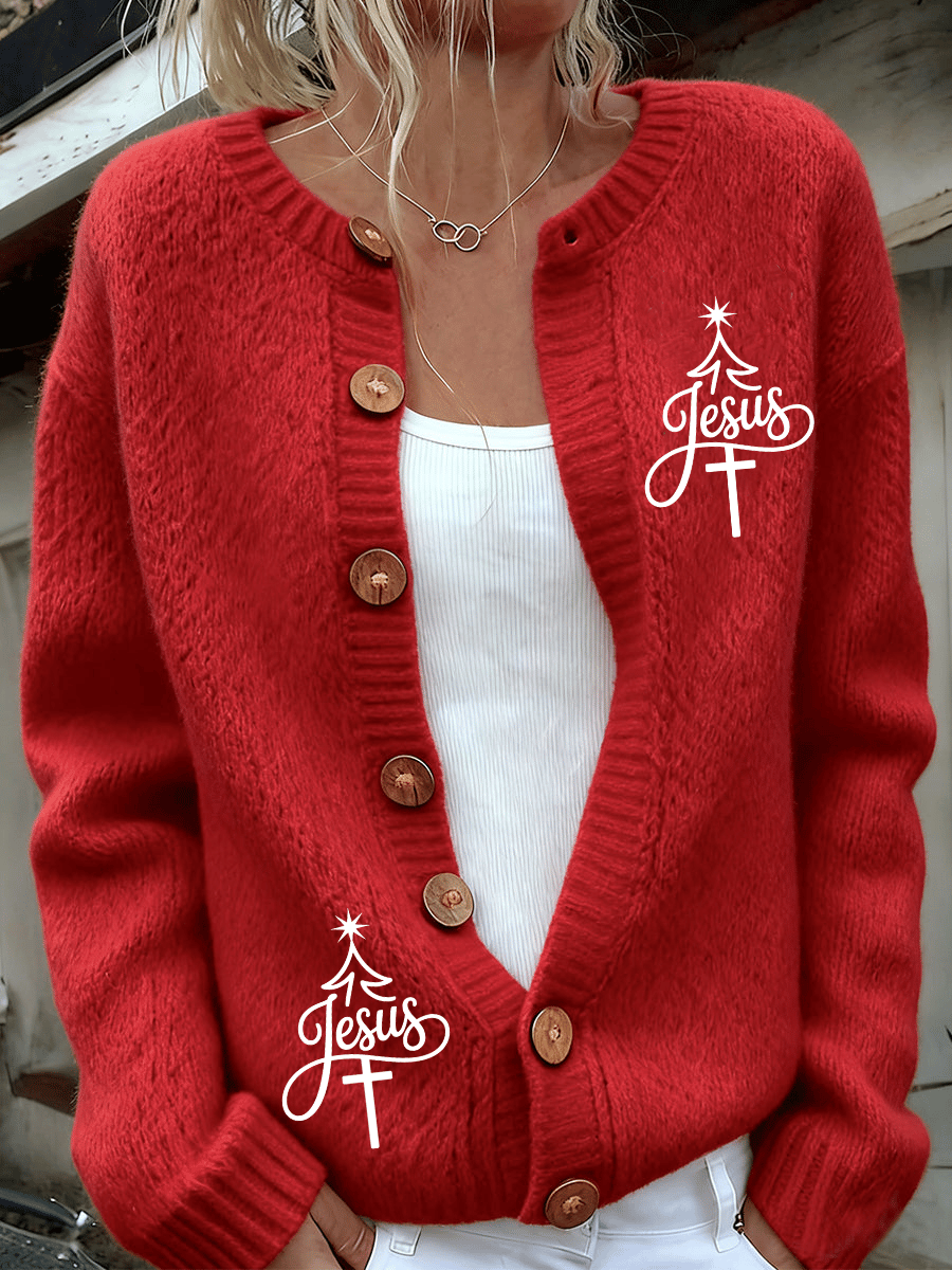 Women's Christmas Faith Print Knit Cardigan